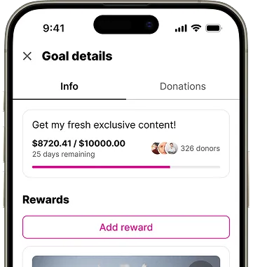 A smartphone screen showing a fundraising goal: $8720.41 raised of $10000, 25 days left, and 326 donors. Options for info and rewards.