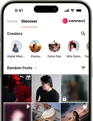 Screenshot of a mobile app interface showing a "Discover" section with icons for creators and random posts.