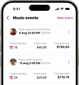 Music events app screen showing bookings, ticket prices, and earnings for two upcoming events.