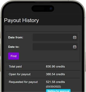 Mobile screen displaying payout history with total, open, and requested credits. Includes date filters and a "Find" button.