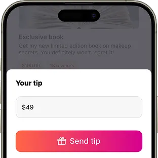 A smartphone screen displaying a tip input for a $49 tip, promoting a limited edition makeup secrets book.