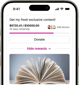 Smartphone screen showing a fundraising page for exclusive content, with progress bar, donate button, and an open book photo.