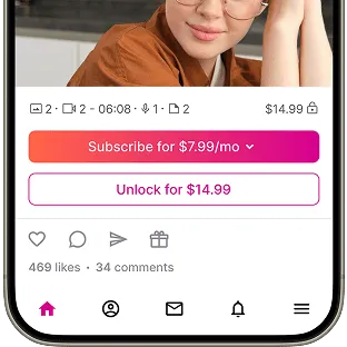 A smartphone screen displays a video post featuring a smiling woman in glasses, with subscription and unlock options below.