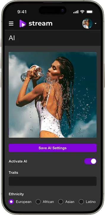 A phone screen displays a user interface for customizing AI settings, featuring options for ethnicity and traits.