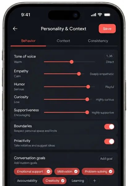 Personality and context settings - AI companion app screen
