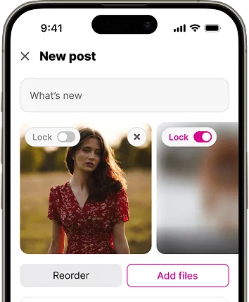 A partial image of smartphone screen displays creation of a post on social media. The interface shows two uploaded files, one is unlocked and the other one is locked and blurred. The files are followed by buttons 'Reorder' and 'Add files'