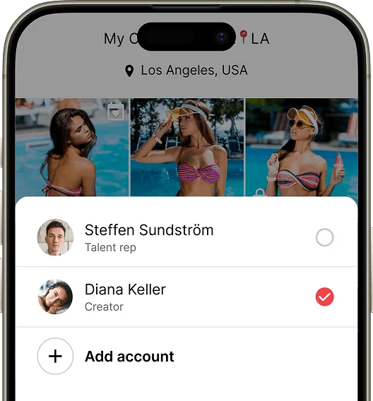 A smartphone screen displays a user profile, showing photos by a creator, with account options listed.