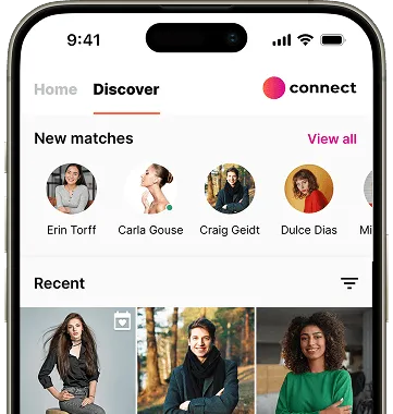 A smartphone screen displaying a dating app’s Discover section, highlighting new matches and recent profiles.
