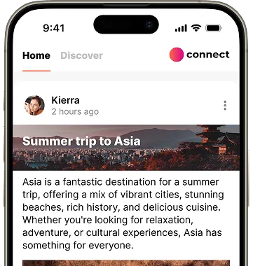 A mobile screen displaying a social media post about a summer trip to Asia, highlighting vibrant cities and rich culture.