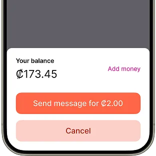 A mobile screen displays a balance of $173.45, with options to add money, send a message for $2.00, or cancel.