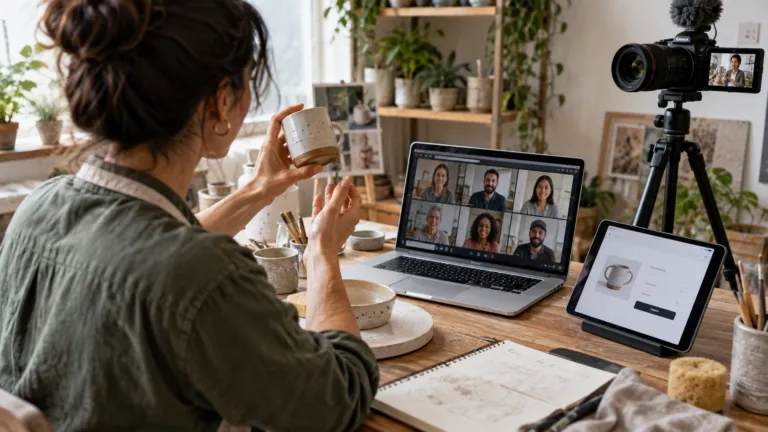 A creator running a paid online workshop from a home studio