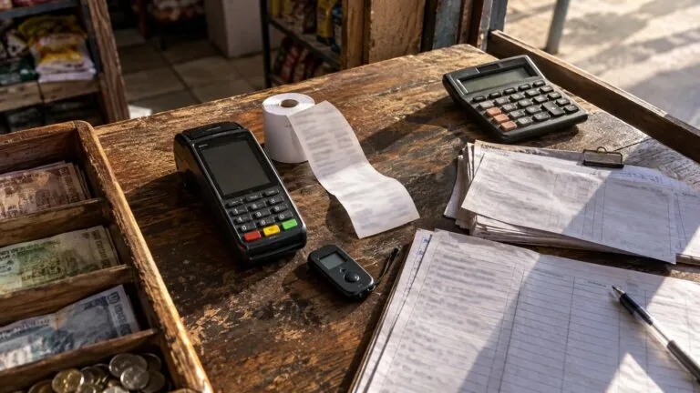 Card reader, receipt roll, calculator, security token and reconciliation papers on a worn shop counter in.