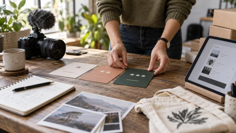 A platform founder arranging physical subscription tier cards beside creator workshop materials and a tablet checkout flow