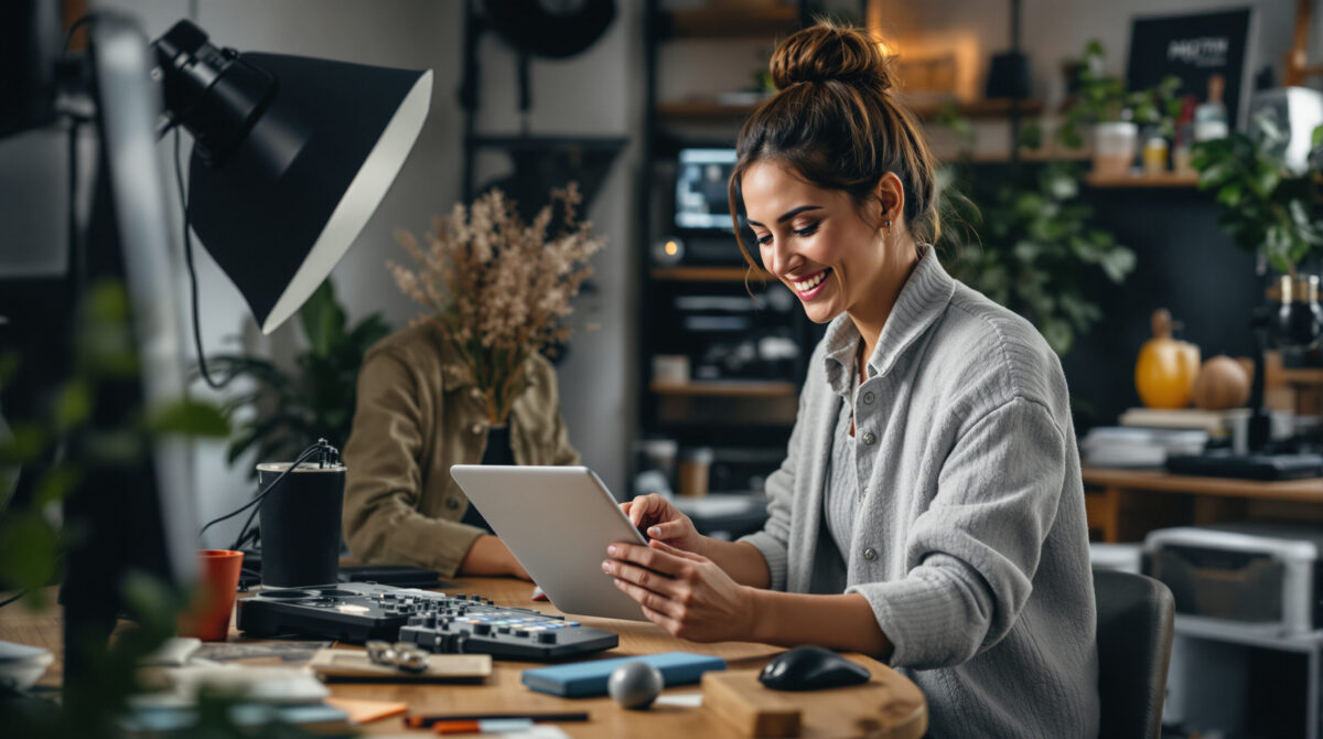 Creator preparing a clear paid content offer beside production equipment