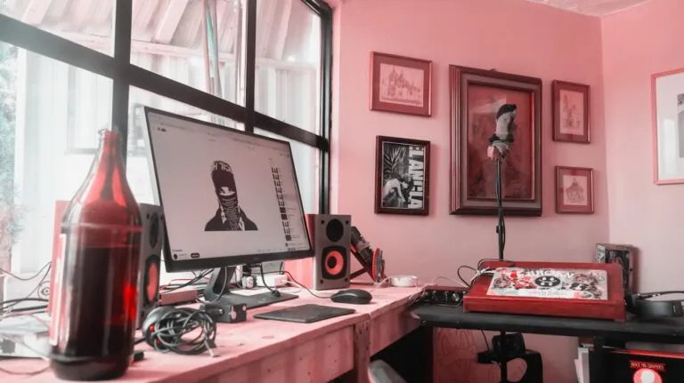 Author working in a creative workspace with a website preview on screen, illustrating how to make an author website...
