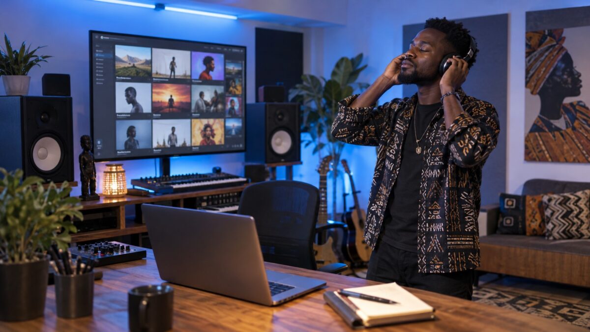A music creator managing subscriber content from a recording studio