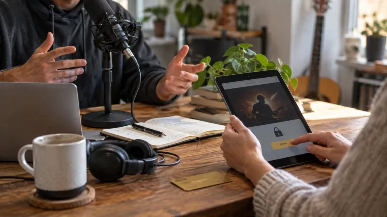 A creator recording a podcast while a subscriber accesses paid content on a tablet nearby
