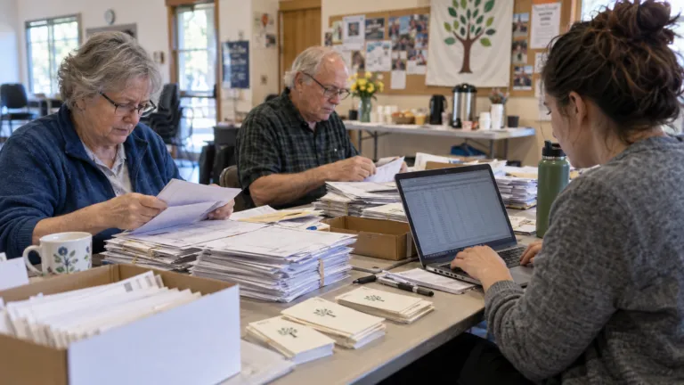 Volunteers sorting paper membership records and renewal cards at a community center