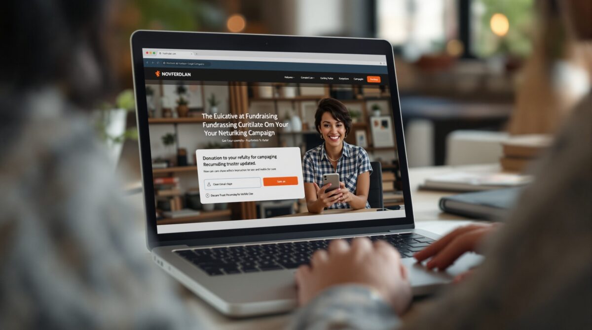 A fundraising campaign page on a laptop displayed in a bright workspace with clear goal and update sections