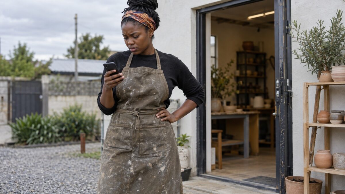 A creator checking a membership payment notification outside her workshop