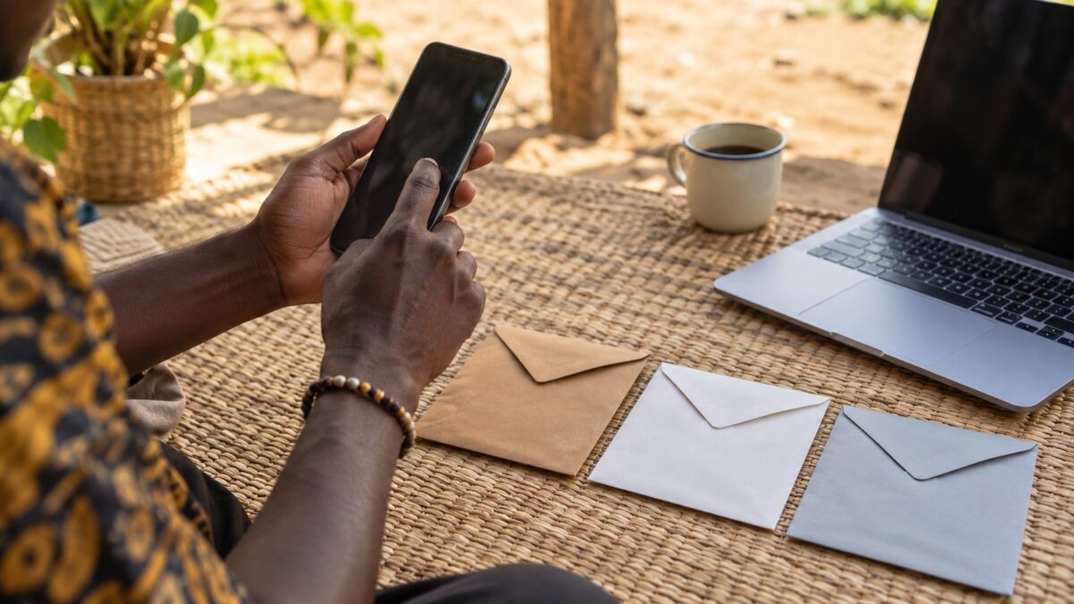 A creator comparing payout routes using a phone and payment envelopes