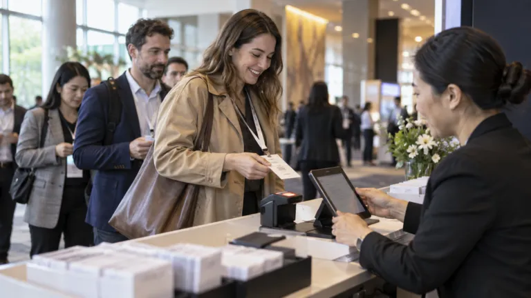 Attendees checking in at a conference membership desk while an organizer uses a tablet