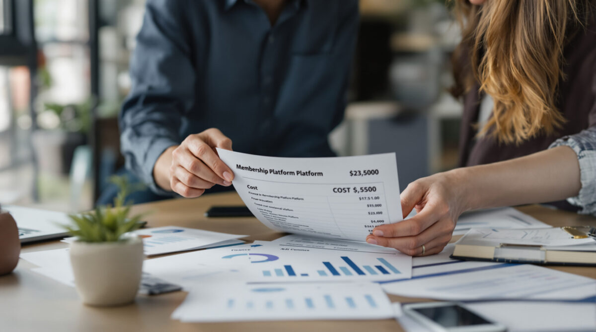 Founder and finance lead comparing membership platform costs