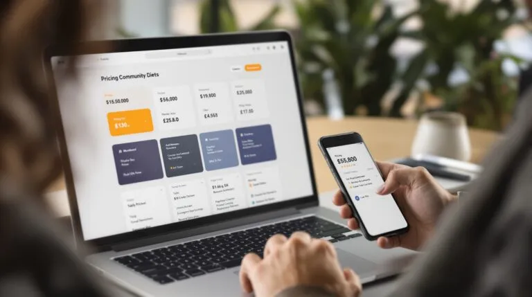 Community platform pricing dashboard on a laptop with a creator reviewing plans and costs