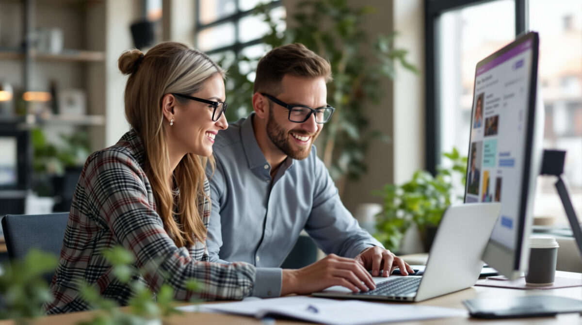 Sales operations manager reviewing a chatbot qualification flow with a colleague
