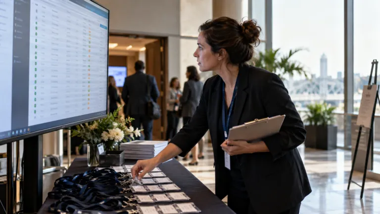 A program manager evaluating a membership database on a large screen while preparing an event registration desk