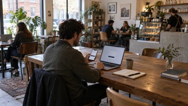 An entrepreneur prototyping a paid AI service on laptop and phone at a real customer workspace