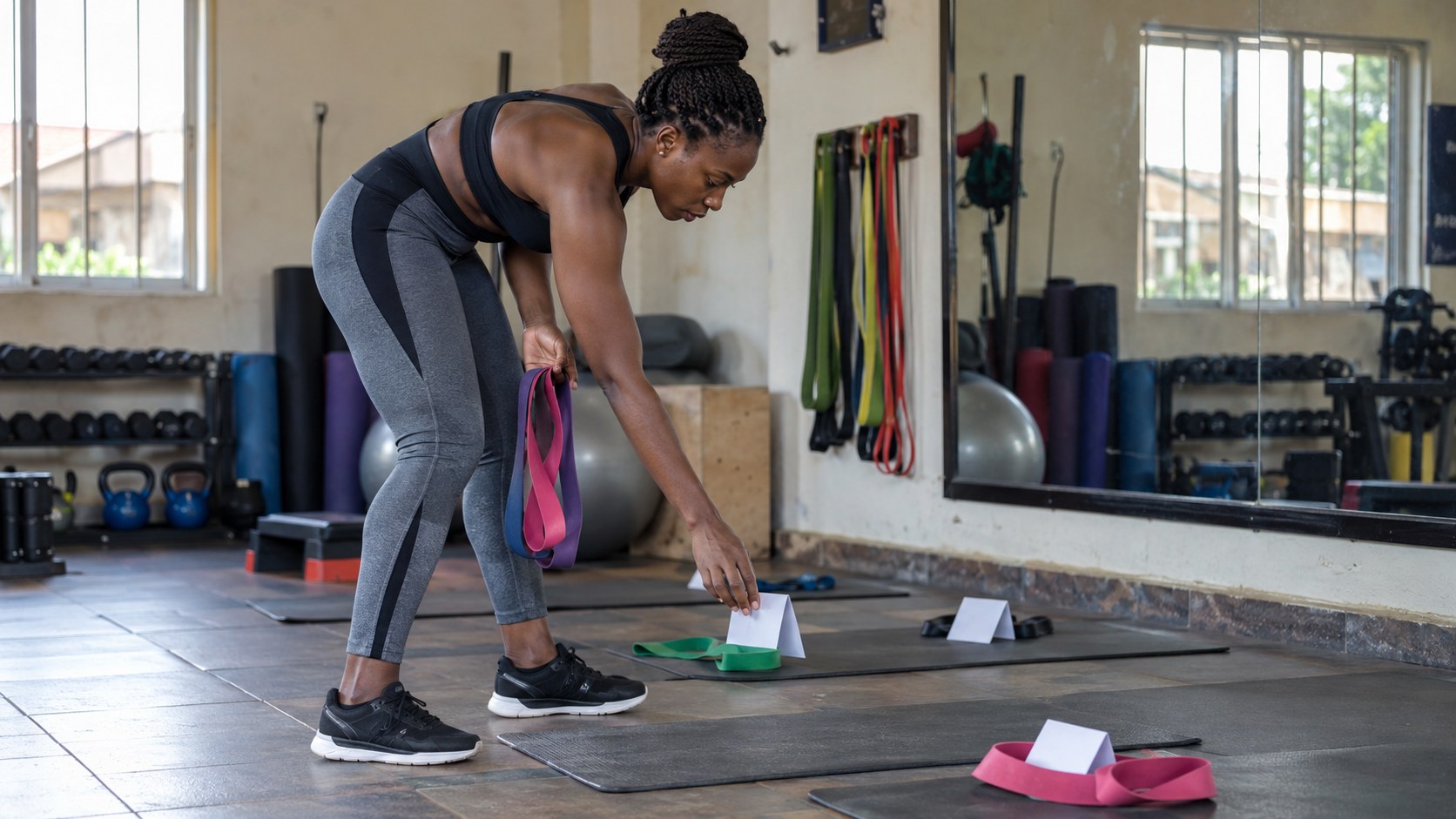 Nigerian fitness creator arranges resistance bands and blank place cards on mats in a modest daylight exercise studio.
