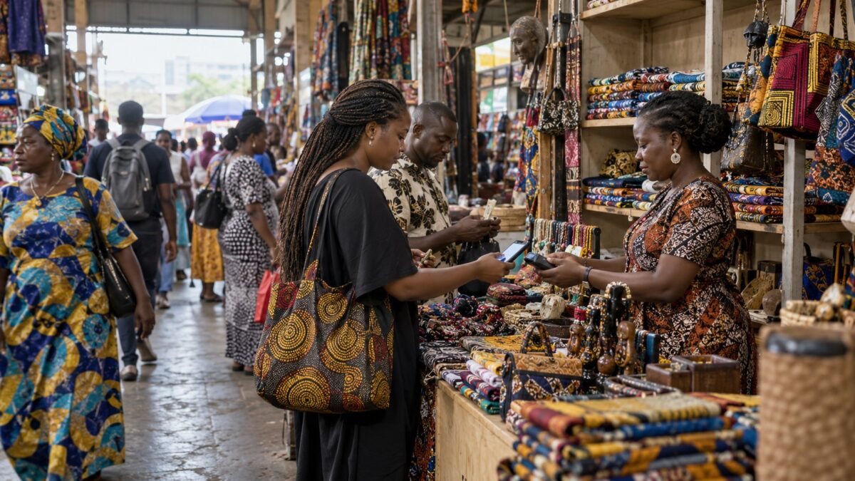 Customers make phone and cash payments at a fabric merchandise stall in a busy daylight-filled Lagos market.