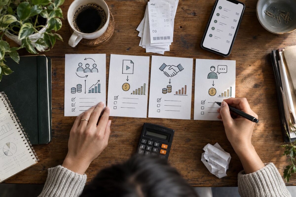 Founder comparing creator monetization models on paper