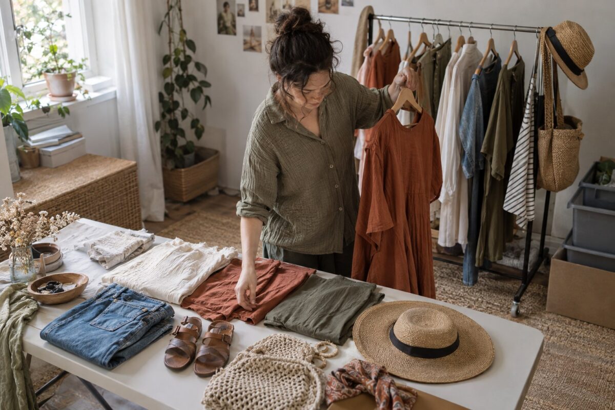 Creator sorting wardrobe pieces for a themed shoot