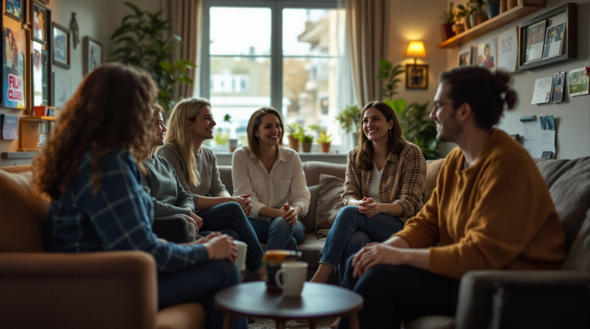 Film club members discussing a movie in a comfortable community venue