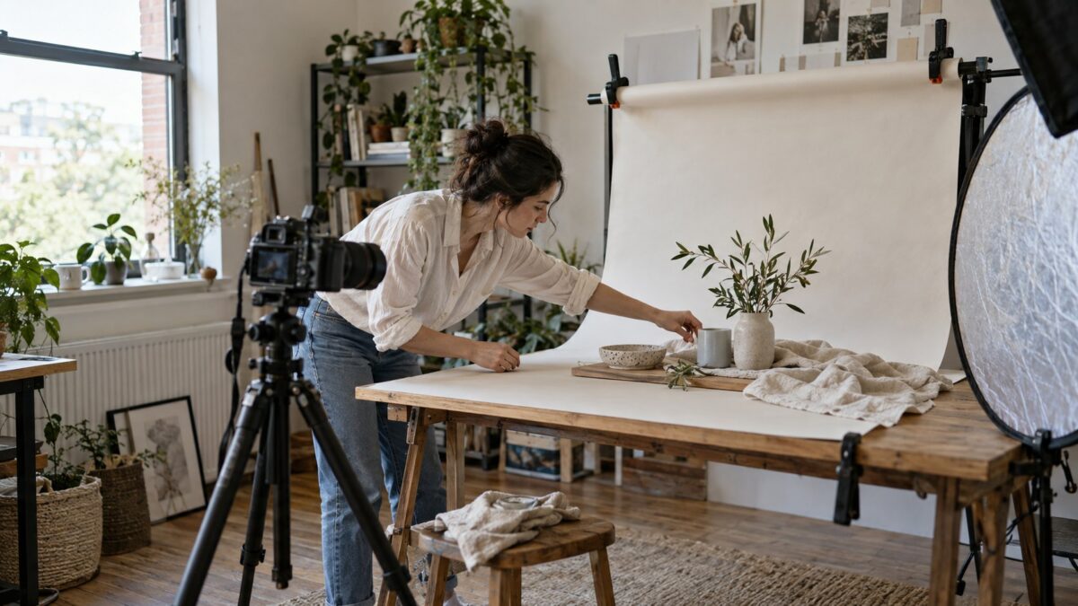 Creator arranging a banner photo shoot in a home studio