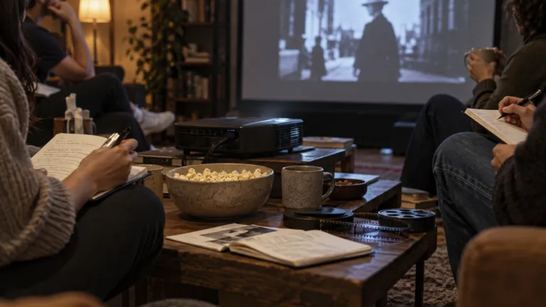 Friends gathering in a small screening room with a projector and film discussion notes