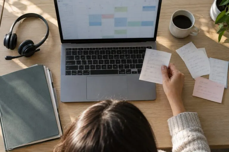 Consultation booking slips, a laptop, and a headset on an operator's desk