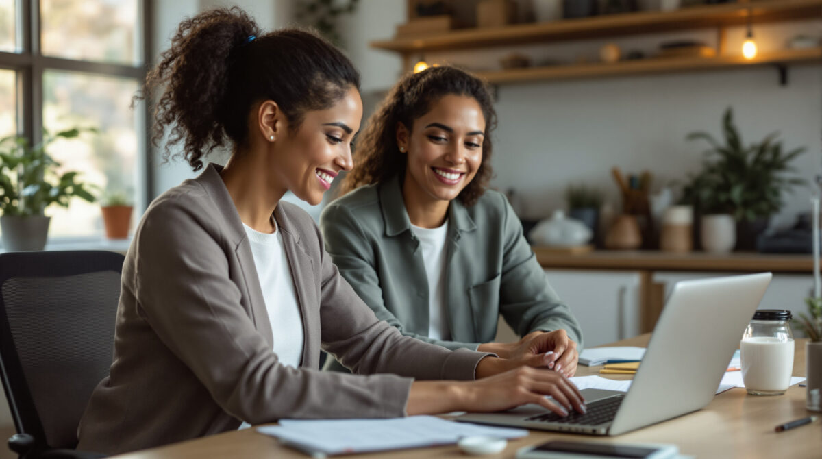 Creator and business manager reviewing a branded membership site together