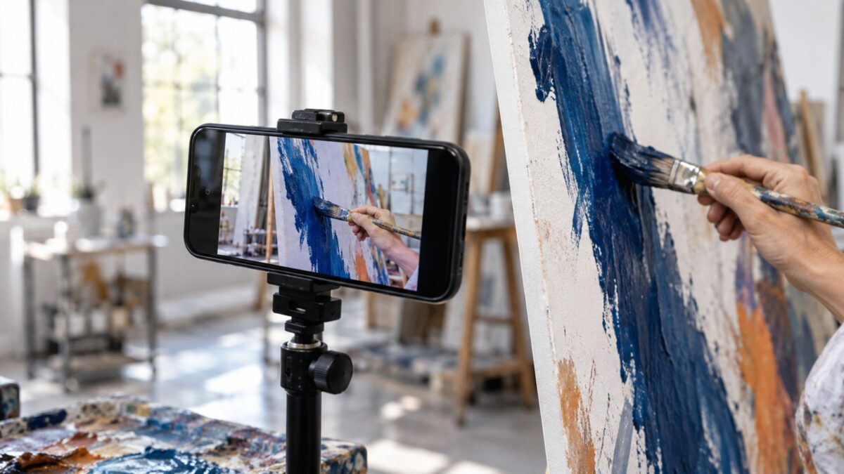 An artist filming a short painting preview for an owned fan page