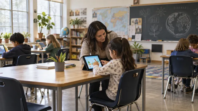 A teacher guiding a student using an adaptive tutoring tablet in a real classroom