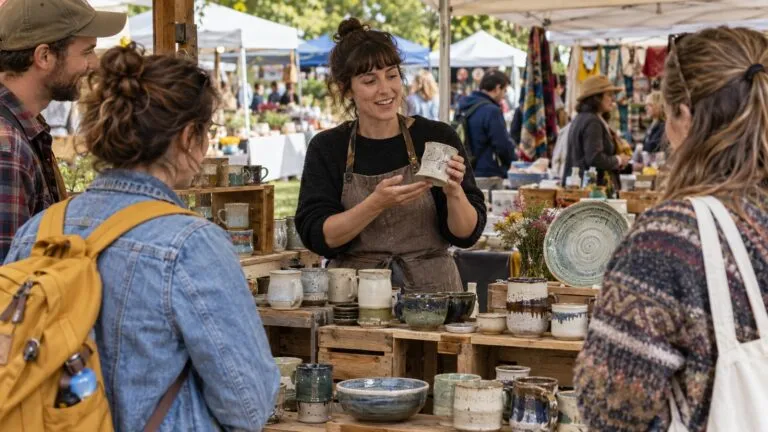 A creator demonstrating a product to potential customers at a makers market