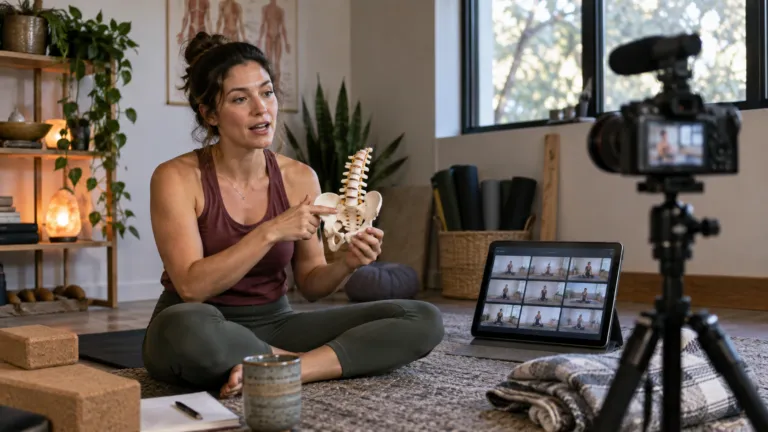 Creator recording a lesson beside a tablet showing a members-only content library