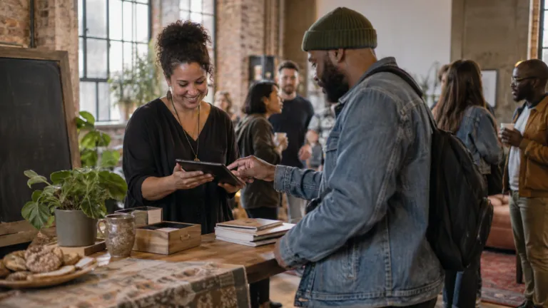A community founder at a live member gathering accepting a subscription signup on a tablet