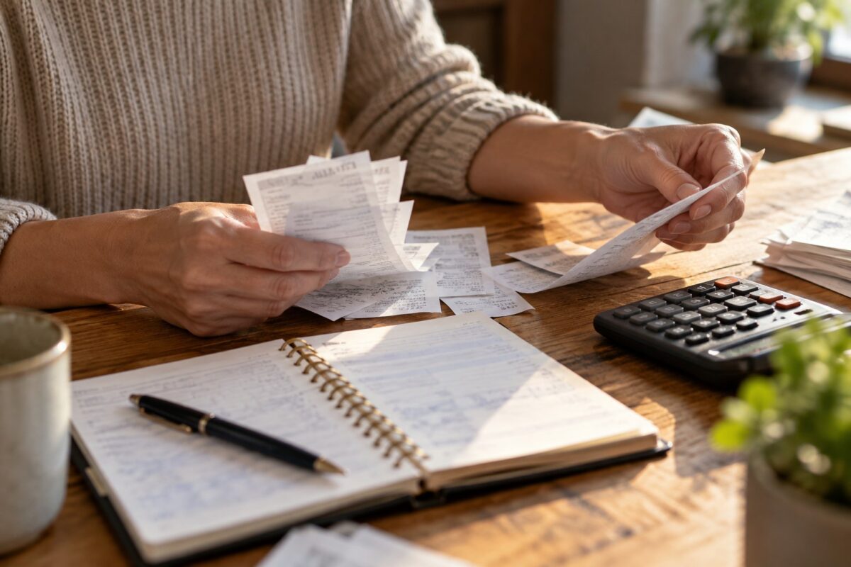Consulting business operator reconciling appointment receipts with a calculator