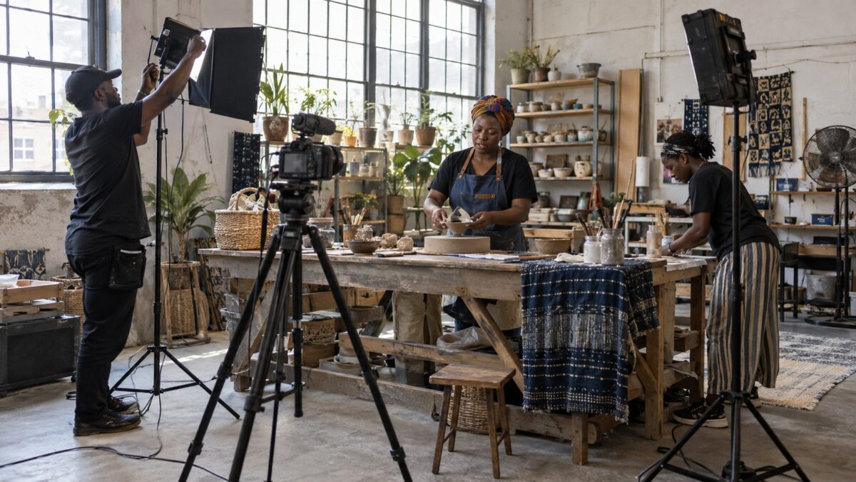 A creator demonstrates pottery at a workbench while two assistants adjust lighting and materials around a.