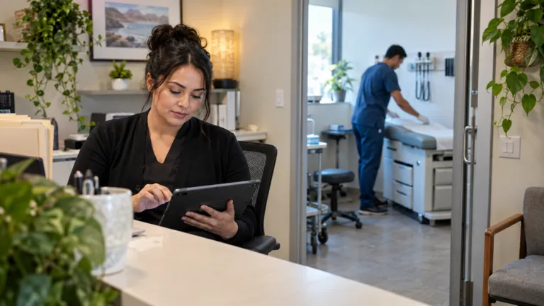 A clinic receptionist checking a tablet appointment schedule while a clinician prepares an examination room in the background