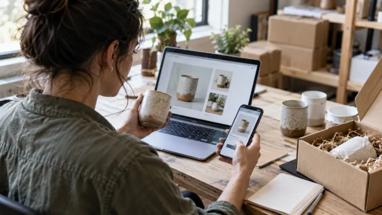 A small founder using an AI-assisted product prototype at a maker desk with physical sample goods and a phone checkout