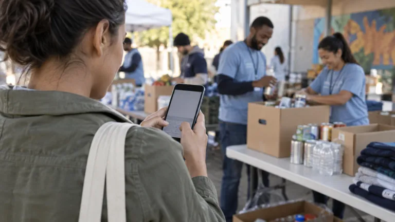 A donor using a phone to make a text donation at a local nonprofit event
